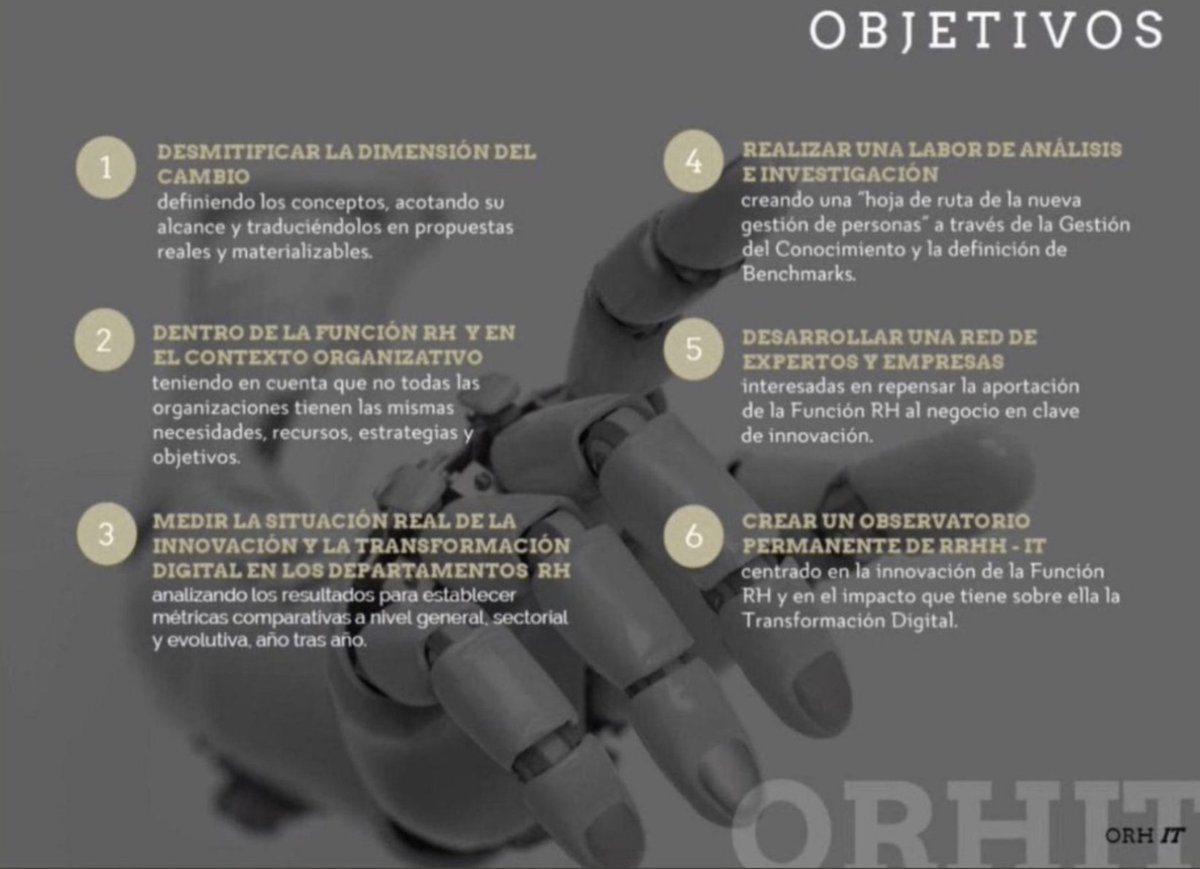 orh_it's tweet photo. Objetivos de #ORHIT: desmitificar la dimensión del cambio; dentro de la función de #RH y en el contexto organizativo; medir la situación real de la #innovación; analizar e investigar; desarrollar una red de expertos; crear un observatorio permanente de RRHH-IT. @ORH_RH @cvalora https://t.co/u7iDDQautj