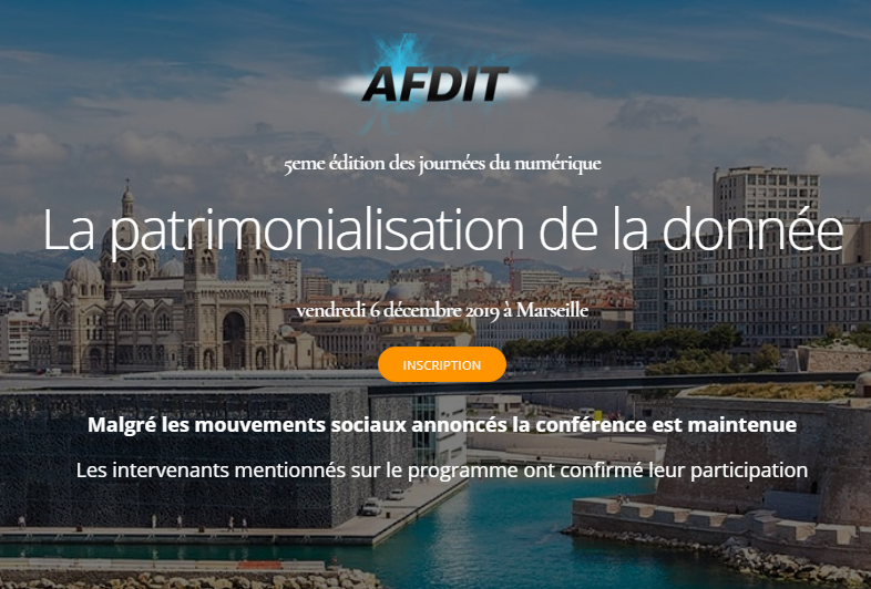 NicolasCourtier's tweet image. Rappel :  
Demain à Marseille Conférence AFDIT-SUD-EST sur La Patrimonialisation de la donnée.
Programme et inscription afdit-sud-est.com