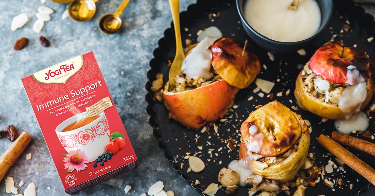 Are you looking for a healthy sweet treat to enjoy this winter? We have a delicious and simple #recipe for you to try: roasted apples 🍎 with a #vegan almond sauce made with a very special ingredient: our YOGI TEA®️ Immune Support ❤️ Recipe 👉 y-tea.net/8V2