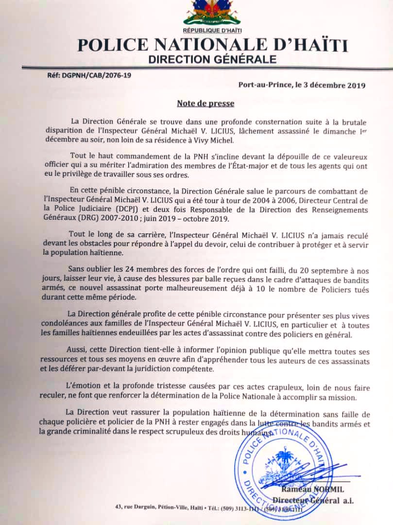 pnh_officiel's tweet photo. [#NoteDePresse].⚫️. La Direction Générale de la Police Nationale d’Haiti   se trouve dans une profonde consternation suite à la brutale disparition de l’Inspecteur Général Michaël V.LICIUS, lâchement assassiné le dimanche...
#PNH 
👉https://t.co/rp43wUWVue https://t.co/u6hRvMjB8O