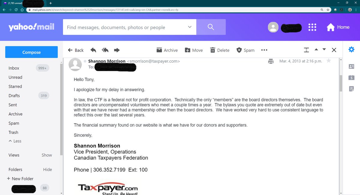 Fast forward a bunch of years. I tested the  @taxpayerDOTcom adherence to their bylaws. I tried to become a member. To my surprise, “the only “members” are the board of directors themselves.Here's an email from the VP Operations at the time.