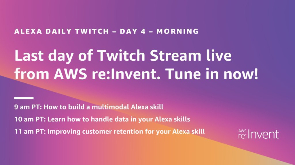 Just about to hop on Twitch with @azifarjad to chat about all things around handling data in Alexa skills. Join us in 30 mins at twitch.tv/amazonalexa