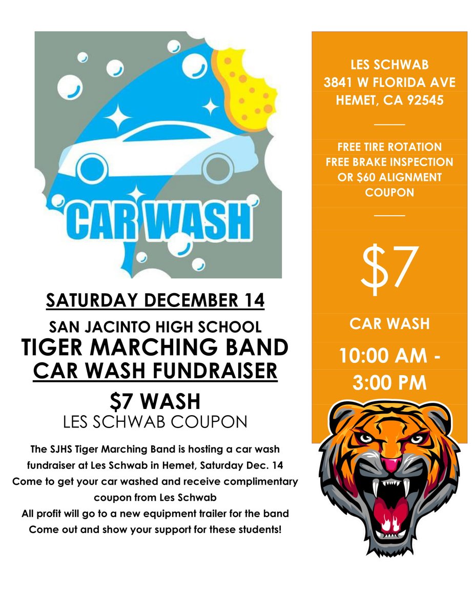 SJHSFineArts's tweet photo. Come support the Marching Band in their efforts to raise money for an equipment trailer! Saturday, Dec. 14 Car Wash at Les Schwab in Hemet! only $7! https://t.co/yjpJGxxwcn