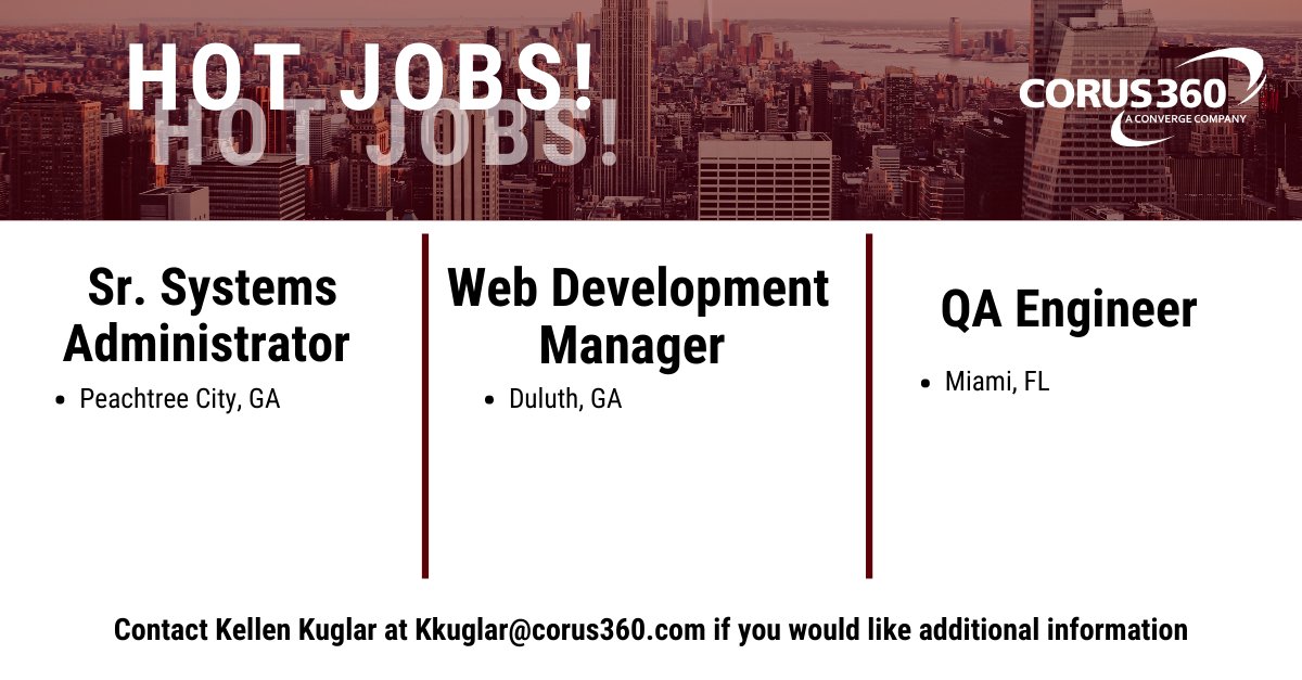CorusStaffing's tweet photo. We are looking for qualified individuals to fill the below roles! 

If you have any questions or would like more information, please email Kellen Kuglar at Kkuglar@corus360.com or click the below link! 
https://t.co/RiCBfftpvP

#PeachtreeCity #GA #Duluth #Miami #FL https://t.co/opN9pu0vyk