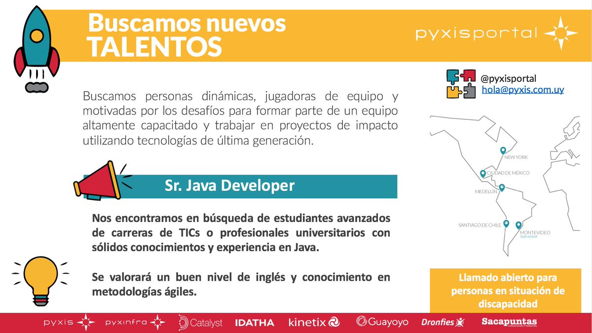 Pyxisportal's tweet photo. 📣Buscamos nuevos talentos para nuestro equipo de #Montevideo🔎
▶ Técnico en #Infraestructura
▶ Sr. #JavaDeveloper
▶ #SysAdminLinux Senior
¡Sumate a nuestro ecosistema! Envianos tu CV a hola@pyxis.com.uy 😉🚀 https://t.co/1xBHGoMjqv