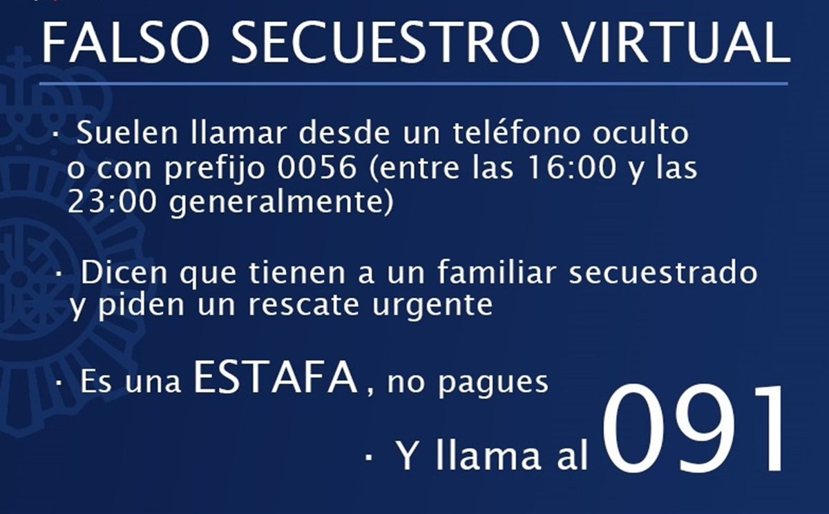 Recibes una llamada que dice "hemos secuestrado a su hijo". Recuerda: Aunque creas oírle de fondo, NO es él. Mantén la calma ante la presión e intenta contactar con él. No pagues ni facilites tus datos.