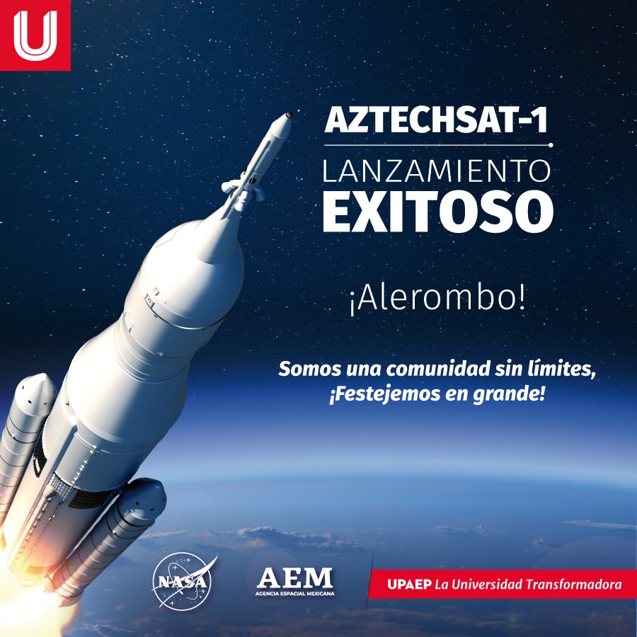 UPAEP's tweet photo. Lanzamiento exitoso
¡Alerombo! 
Somos una comunidad sin límites, ¡Festejemos en grande!

#LaUniversidadTransformadora #AzTechSat1 #SoyUPAEP #100PorCientoMexicano #OrgulloMexicano #HechoEnMexico #NASA #NanosateliteDeUPAEP https://t.co/IA5ZJGxBm3
