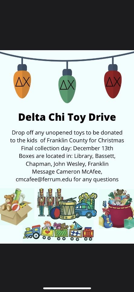 Delta Chi will be collecting toys now through December 13th to donate to the kids of Franklin County who might otherwise have none for Christmas. Help us spread some joy this holiday season! #ForTheKids #NotSelfButOthers