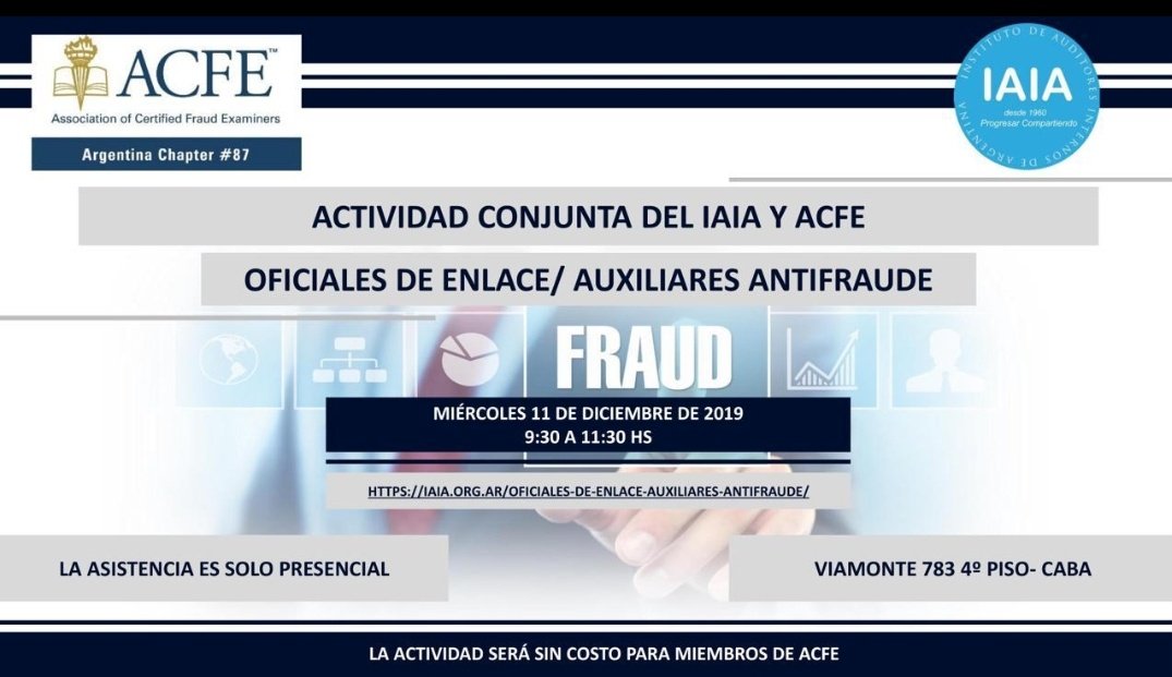 ACFEArgentina's tweet photo. Desde #ACFE Capítulo Argentina compartimos una  actividad conjunta que realizaremos con el @InstitutoIAIA - Instituto de Auditores Internos de Argentina- sobre:  "Oficiales de enlace/Auxiliares Antifraude". Inscripciones: https://t.co/nW34kmcOye https://t.co/2fUmpc2GHu