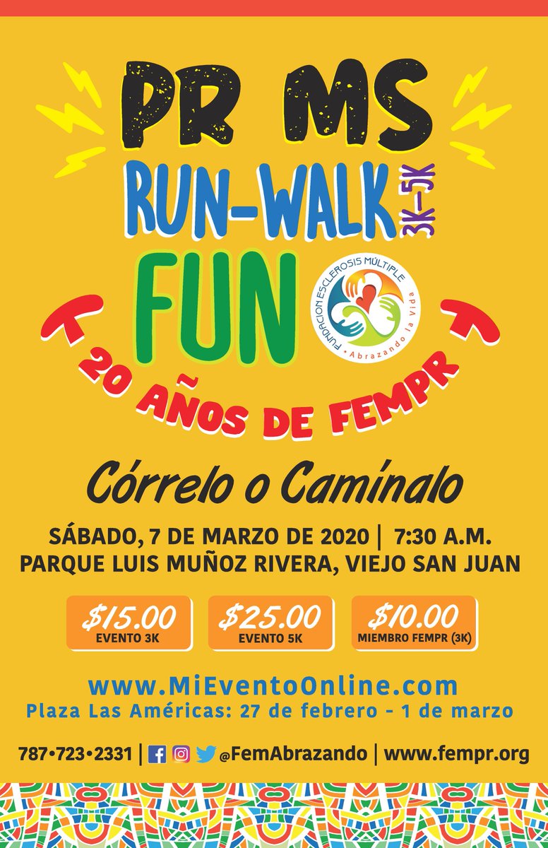 femabrazando's tweet photo. ¡Celebramos 20 años!
Acompáñanos en nuestra 8va Edición del #PRMSWalk
#MSwalk #MSWarriors #MSFoundation #5kRun #3kRun #MultipleSclerosis #EsclerosisMúltiple #Correlo #Camínalo #SanJuan #PuertoRico #FunRun #FunWalk #Celebrations #CelebratingLife https://t.co/p0kiTY6zgI