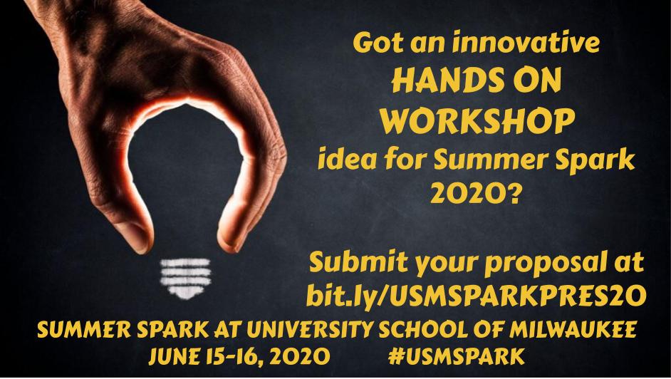 Want to help your PLN get HANDS ON? Submit a workshop proposal for #USMSpark bit.ly/USMSPARKPRES20
#122edchat #masterychat #iteachmath #pd4uandme #teacherlife #tlap #leadlap  #inelearn #miched #ohedchat #learnlap #njed