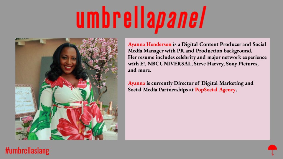 umbrellaslang's tweet photo. #umbrellapanel
Artist - @AyannaHenderson 
Based - Los Angeles

Come check out Ayanna Henderson at the next #umbrellaslang this SATURDAY!

Capacity is limited, RSVP now: https://t.co/LluWxNHu7k!

#artist #specialguest #losangeles #california #music #conversation https://t.co/TFf8TQpxm3