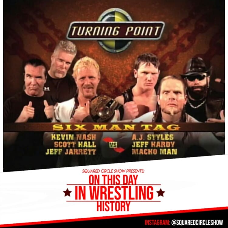 SqrdCircleShow's tweet photo. On This Day 15 years ago, December 5, 2004. TNA Presented Turning Point from the Universal Studios in Orlando, Florida.
_
@AJStylesORG, @JeffHardyBrand &amp; #RandySavage defeated @RealJeffJarrett, @RealKevinNash &amp; #ScottHall in a Six Man Tag Team Match (18:00)
_
#TurningPoint2004 https://t.co/m4JseiImOC