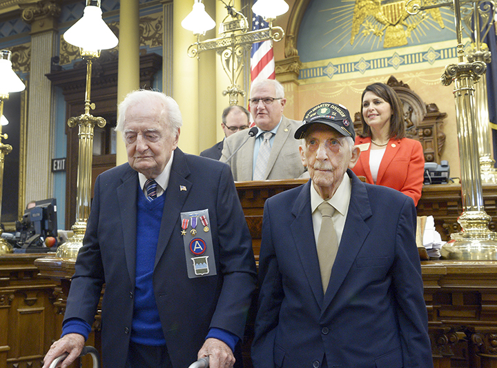 MISenate's tweet photo. This morning it was an honor for us to welcome Frank Dick and Victor Cross, Michigan’s last two remaining survivors of the Battle of the Bulge, to the Michigan Senate. Their bravery, courage and strength is an example to us all. https://t.co/vn1oA3w7gJ