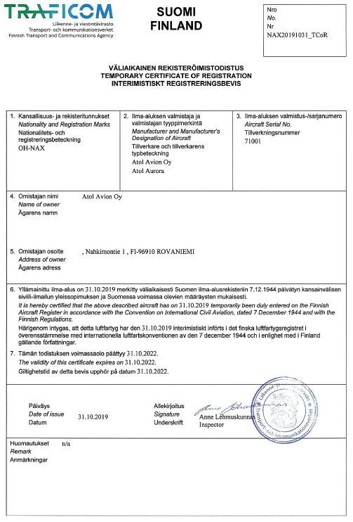 AtolAvionOy's tweet photo. We received a temporary certificate of registration for Atol Aurora, OH-NAX.

PS.
Viimeisessä Siivet lehdessä on monen sivun juttu Atol Aurorasta, kannattaa lukea. https://t.co/2lAkuLMj3V