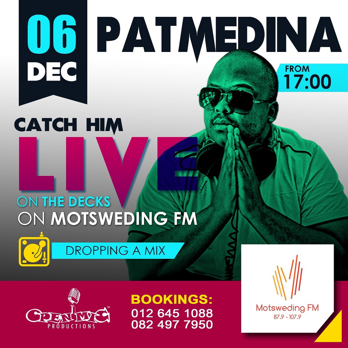PatMedinaSa1's tweet photo. Tomorrow make sure you catch me again on the 1s &amp; 2s on Motsweding FM where i will be activating the weekend mood with good music.

Don't forget to follow me on all social media platforms @PatMedinaSA ♥️ https://t.co/SlShxCEGGh