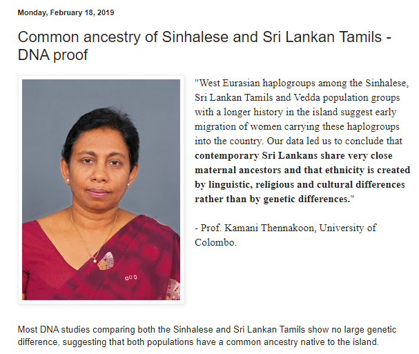 SriAction's tweet photo. Common #ancestry of #Sinhalese and #SriLankan #Tamils - #DNAproof by Prof. Kamani Thennakoon, University of Colombo. Why an #EELAM when Sinhalese and Tamils share same ancestors? Same family? Same blood?  Identity politics and rouge politics created #EELAM
https://t.co/Dbp5n2XkzE https://t.co/SamKHdlFMk