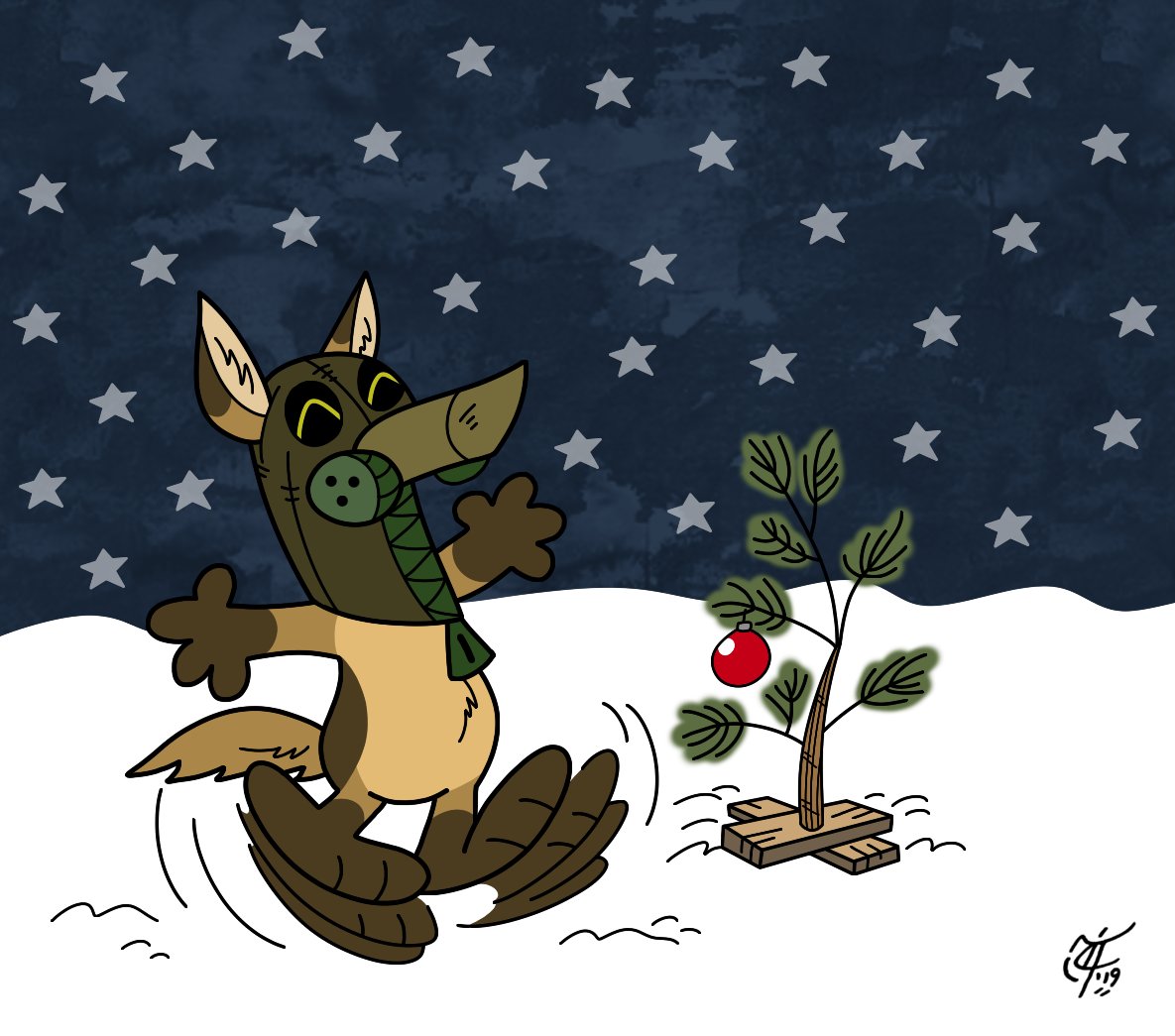 ScooterDoodles's tweet photo. My Christmas card/illustration for this year. A Schulz-style take on my character, Fritz the Reluctant Kriegshund, dancing for joy over the "perfect tannenbaum" ππΆπ #MerryChristmas #Christmas2019 #christmascard #christmasart #FR1T2 #Schulzstyle https://t.co/uisFKFRfCL