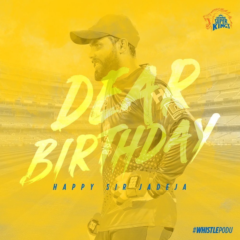 Chennai Super Kings (@chennaiipl) on Twitter photo Here's a man who's capable of bowling and sprinting across the wicket to whack the same delivery with royal glory and leap to the boundary-line to dismiss himself with a single handed stunner! Dear Birthday, Happy Sir Jadeja! <a href="/imjadeja/">Ravindrasinh jadeja</a> #WhistlePodu #Yellove 🦁💛 Here's a man who's capable of bowling and sprinting across the wicket to whack the same delivery with royal glory and leap to the boundary-line to dismiss himself with a single handed stunner! Dear Birthday, Happy Sir Jadeja! <a href="/imjadeja/">Ravindrasinh jadeja</a> #WhistlePodu #Yellove 🦁💛