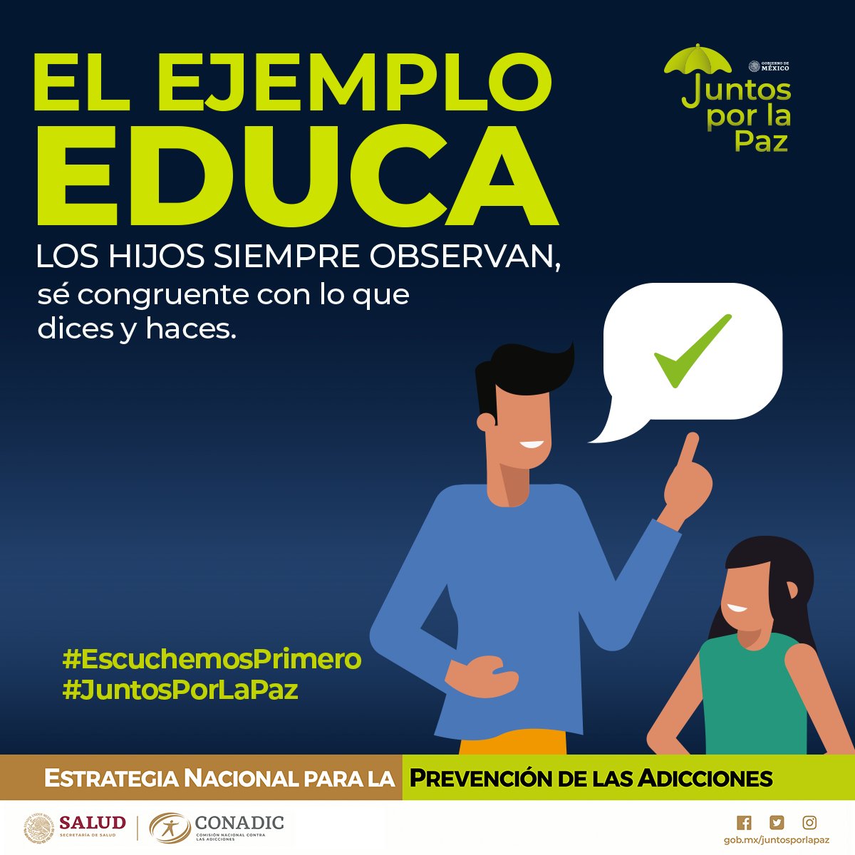 juntosxlapazmx's tweet photo. No olvides que tienes gran influencia en la vida de tus hijos. Siempre mantén abierta la comunicación con ellos: dialoga y escucha. #EscuchemosPrimero 

Hagámoslo #JuntosPorLaPaz ☂️ https://t.co/h2VzsTRVWT
