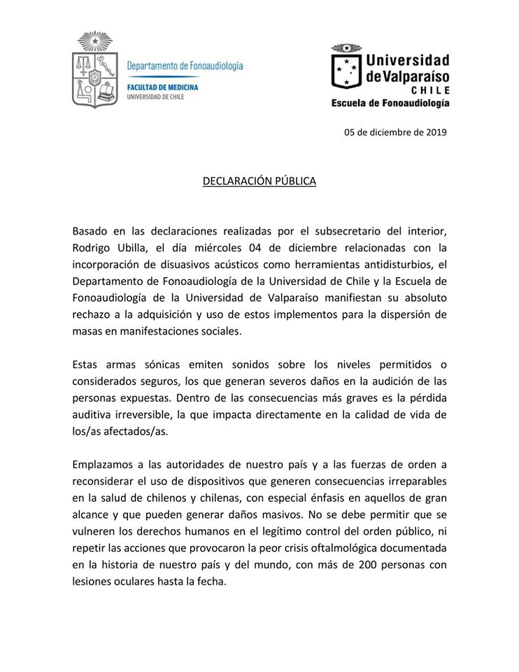Manifestamos nuestro absoluto rechazo a la adquisición y uso de implementos de disuasión acústica como herramientas antidisturbios por parte de <a href="/Carabdechile/">Carabineros de Chile</a>
 <a href="/GobiernodeChile/">Gobierno de Chile</a> 
 
Declaración [fecha corregida]
👇🏾