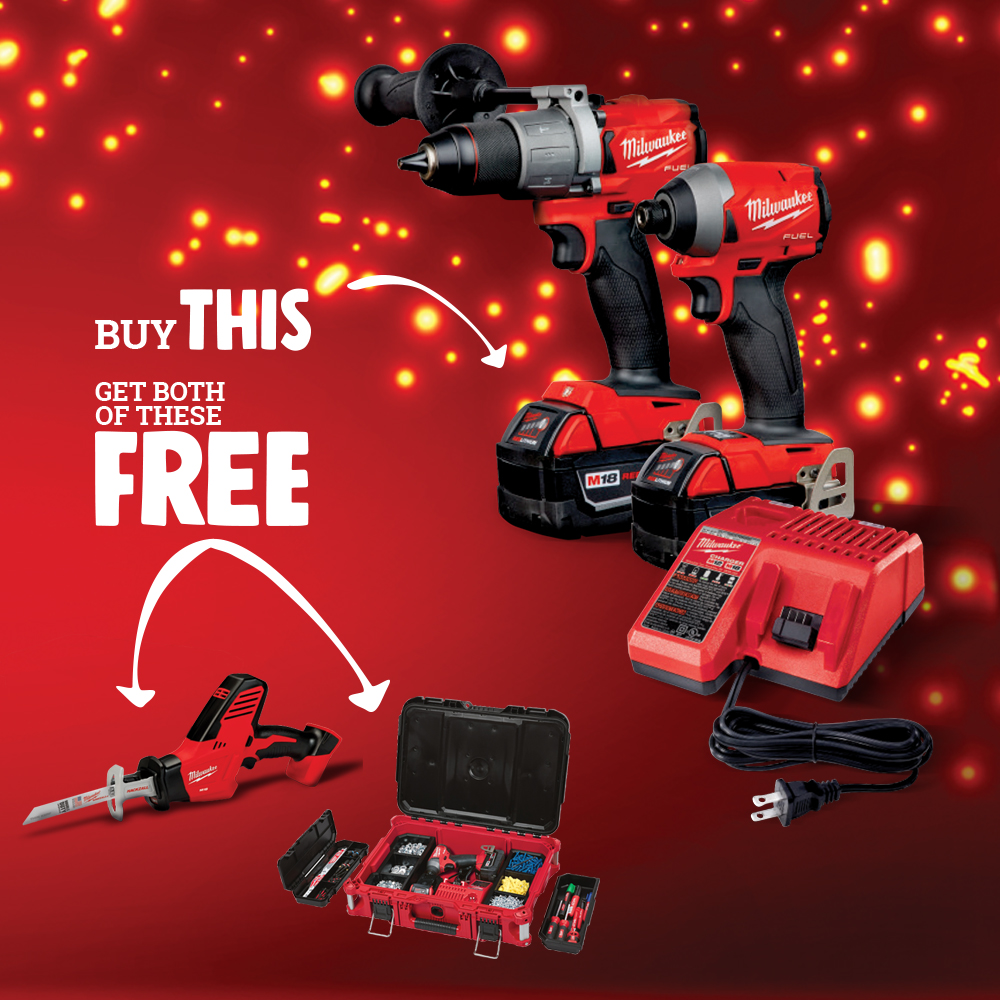 Buy this Milwaukee Drill and Impact Driver set, and get both the Packout Toolbox and this Reciprocating Saw for free. *Offer valid from December 3rd to December 24th, limit three at this price.