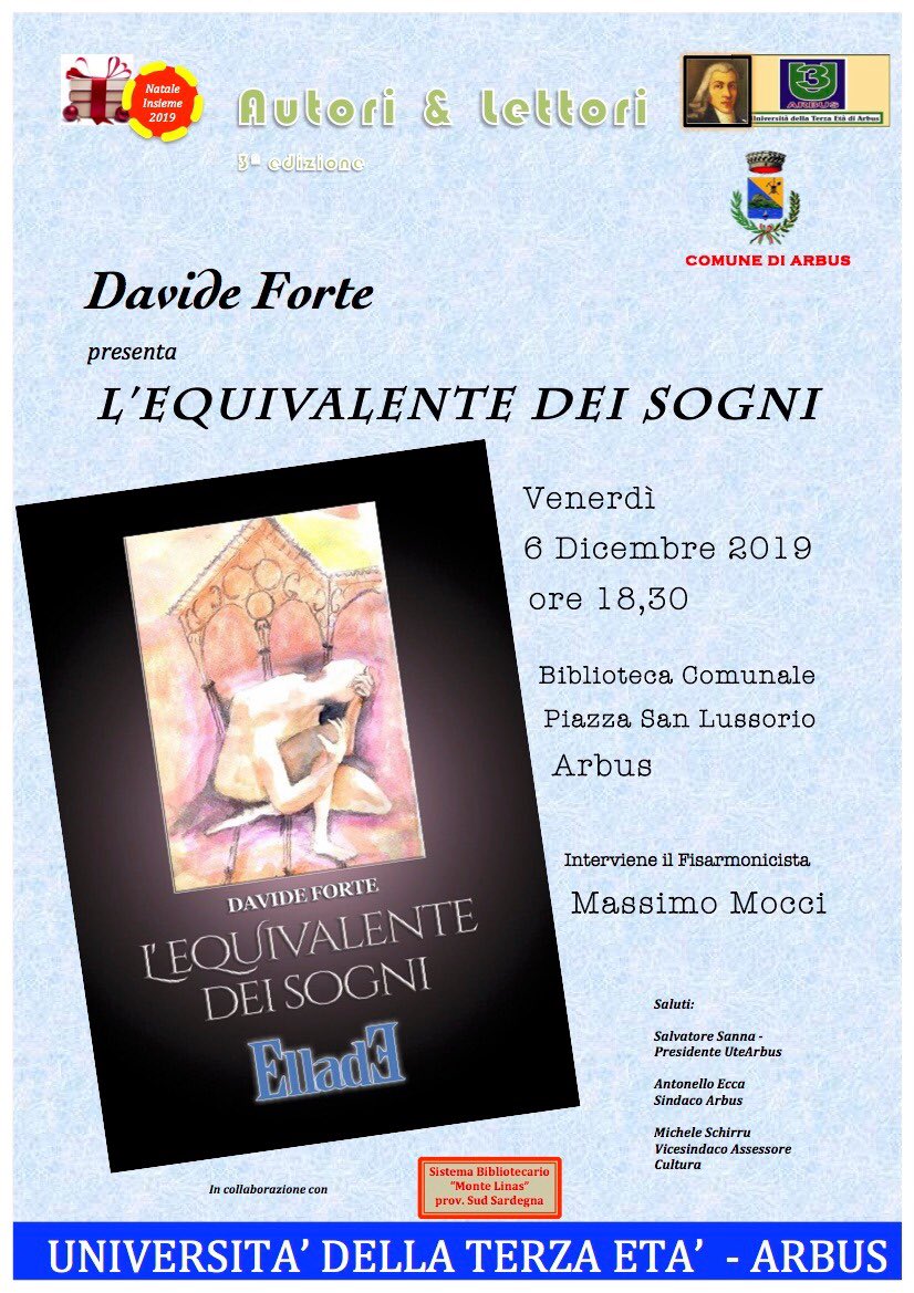 UteArbus's tweet photo. Al via la Rassegna #Autorielettori giunta alla terza edizione. Si comincia Venerdì 6 dicembre con “L’equivalente dei sogni” di Davide Forte, alle 18,30 in Biblioteca Comunale https://t.co/lGg96IHRZo