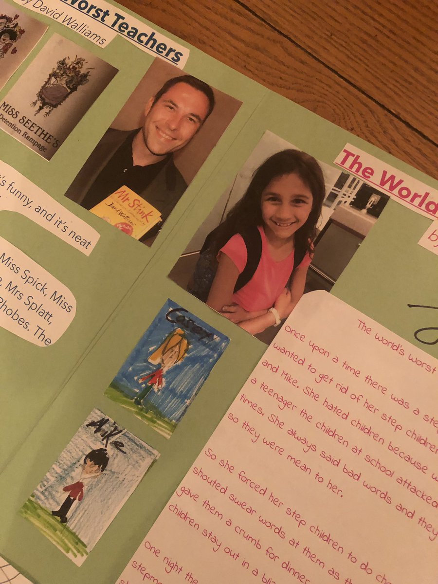 caickers's tweet image. Hey @davidwalliams! My kid did a project reviewing your book, then writing a story of her own, inspired by yours! What do you think? Author and future author side by side! ;)