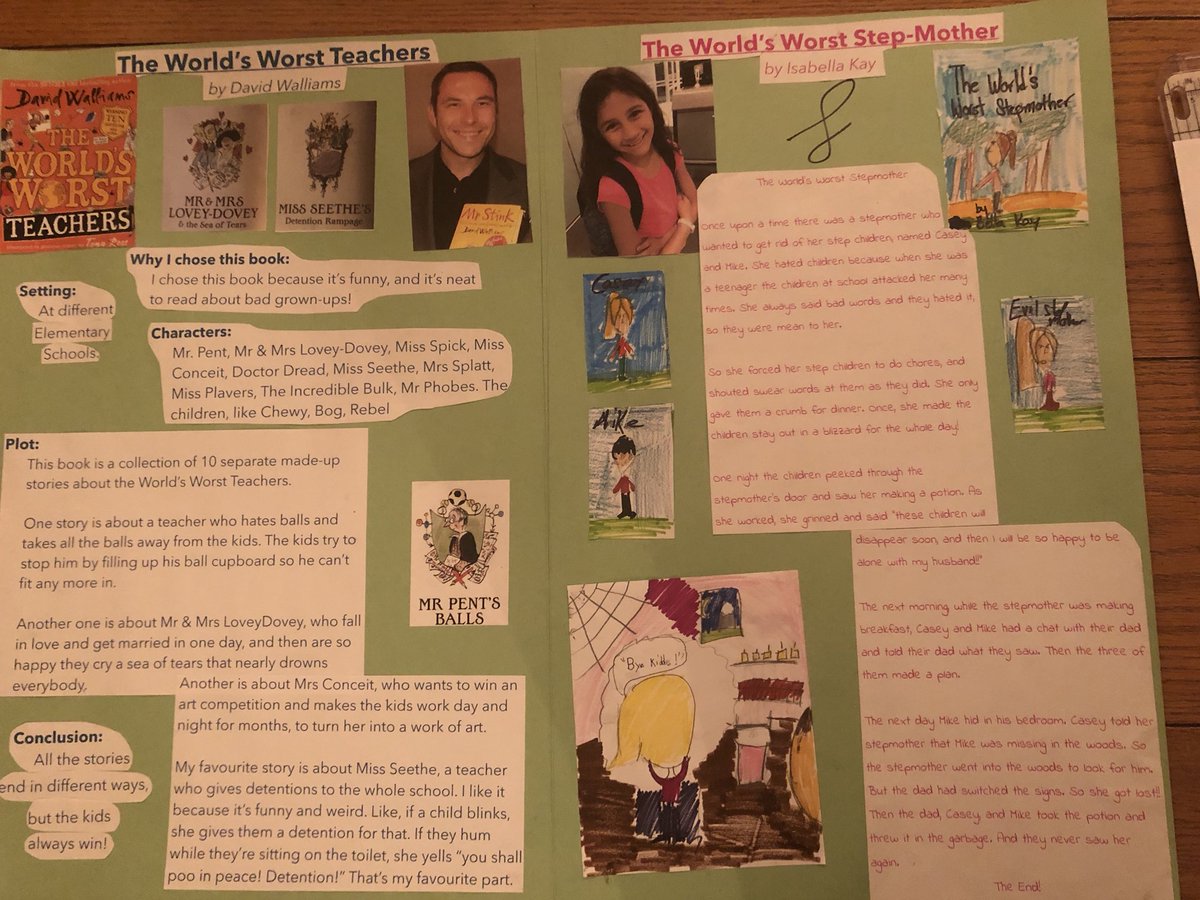 caickers's tweet image. Hey @davidwalliams! My kid did a project reviewing your book, then writing a story of her own, inspired by yours! What do you think? Author and future author side by side! ;)