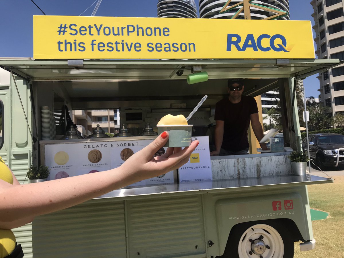 RACQOfficial's tweet photo. We’re at Pratten Park at Broadbeach handing out free ice cream to encourage drivers to set their phone and leave it alone. Come on down! 🍦🍦🍦 #SetYourPhone #RACQ https://t.co/AHvRPP0ujH