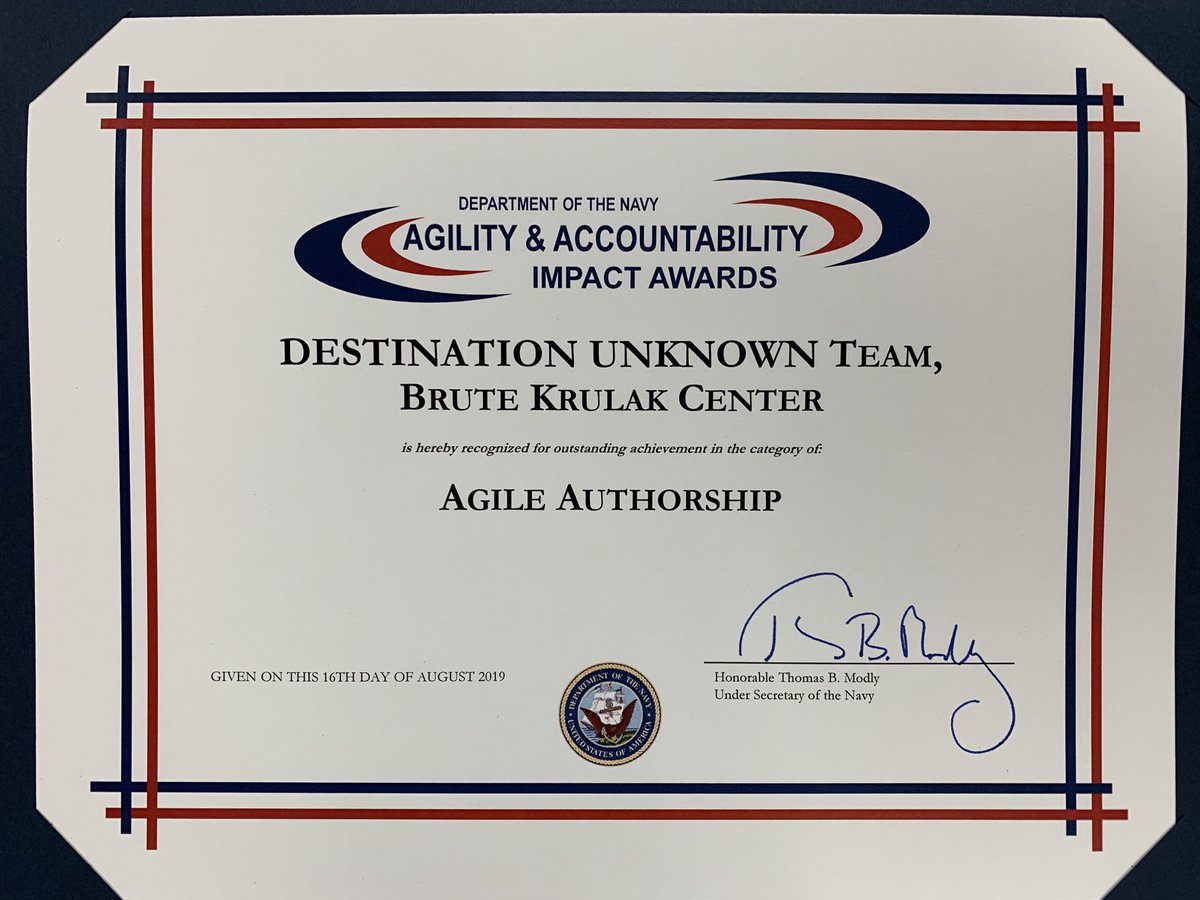 Today #TeamKrulak celebrated the #DestinationUnknown crew as they added the words “award-winning” to their accolades! BGen Bargeron of <a href="/MarineCorpsU/">Marine Corps University</a> &amp; MajGen Mullen of <a href="/TECOM_USMC/">TECOM</a> joined us as DU writers &amp; artists received the Agile Authorship award from @NavalAgility.