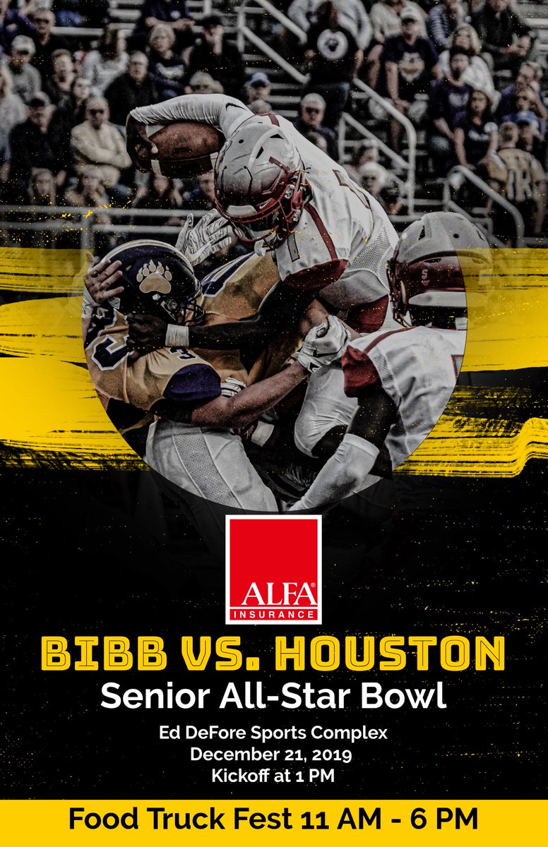 Get ready for the <a href="/Alfa_Insurance/">Alfa Insurance</a> <a href="/BibbSchools/">Bibb County Schools</a> vs. @HoustonCountySS Senior All-Star Bowl on Dec. 21 at 1 at Ed DeFore! 🔥

Tickets are $10 &amp; will be available at the gate.🏈

Enjoy our #FoodTruckFest from 11-6. 🌮🍔🍕

Bragging rights are on the line so cheer on our All-Stars! 🤩