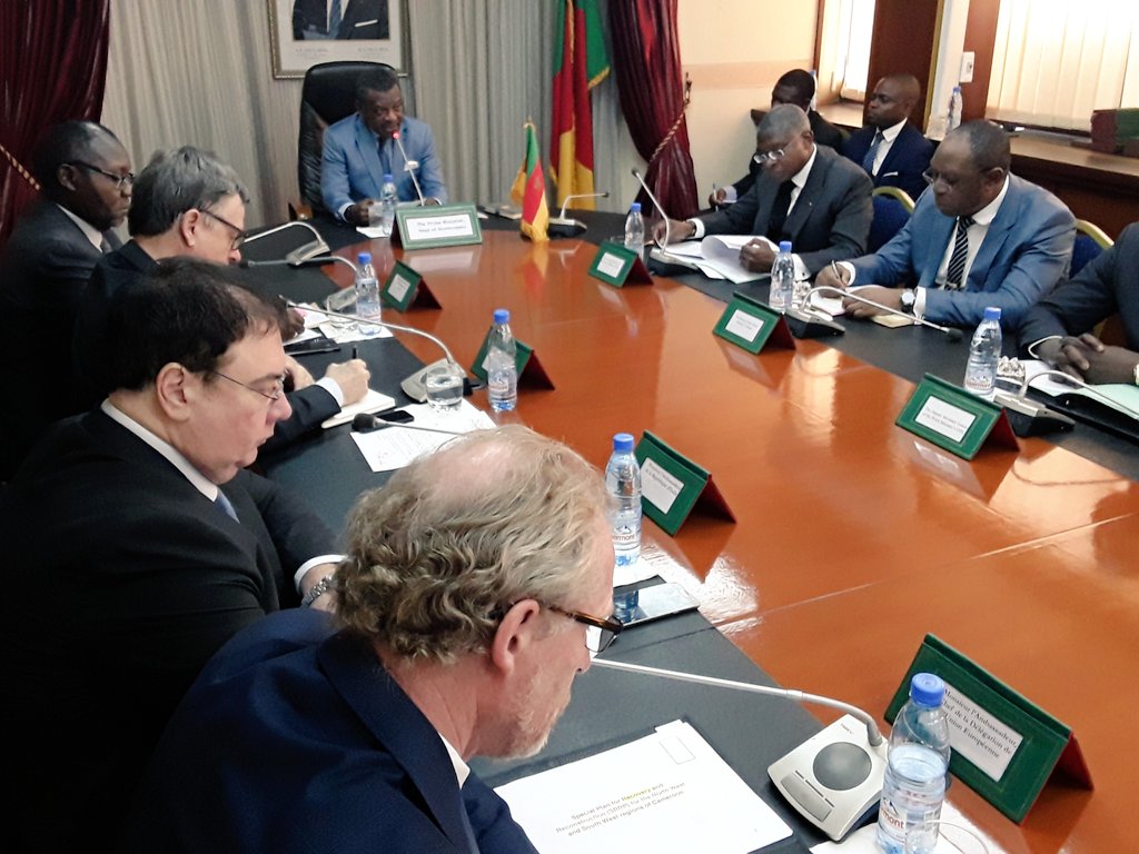 CameroonPm237's tweet photo. I chaired a meeting, today, with our partners to gather their concrete proposals for contributions to the funding of the Special Plan for the Reconstruction and Rehabilitation for the @NorthWestCMR and South-West Regions. About fifteen Diplomatic Mission Representatives present. https://t.co/ZwUdjMP5cf