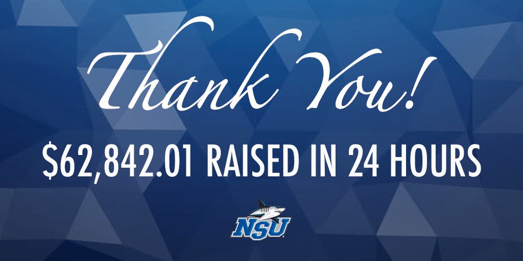 Thank you Shark Nation for your support of NSU Athletics on Giving Tuesday! Your generosity helped @NSUFloridansu far exceed the goal of $24k in 24 hours.

#PrepareToDominate #GivingTuesday