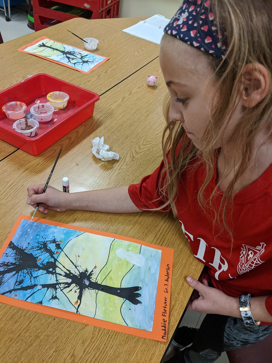GVartroom's tweet photo. Grade Three Anderson's Class is doing a great job adding details to their landscape.  Some are adding snowflakes others are adding fall leaves.  Our landscapes are inspired by Andrew Wyeth. @MissAndersonB https://t.co/naSu74hthd