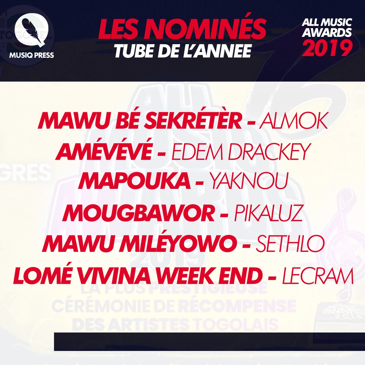 musiqpress's tweet photo. ALL MUSIC AWARDS 2019 : TUBE DE L’ANNÉE
Mawu bé sekrétèr (#Almok)
Amévévé (#EdemDrackey)
Mapouka (#YaKnou)
Mougbawor (#Pikaluz)
Mawu miléyowo (#Sethlo)
Lomé Vivina Week End (#Lecram)
Quel est votre tube de l'année dans cette liste ?
#MusiqPress #Alma16 #EdohBruce #Team228 https://t.co/pc2XWNrhis