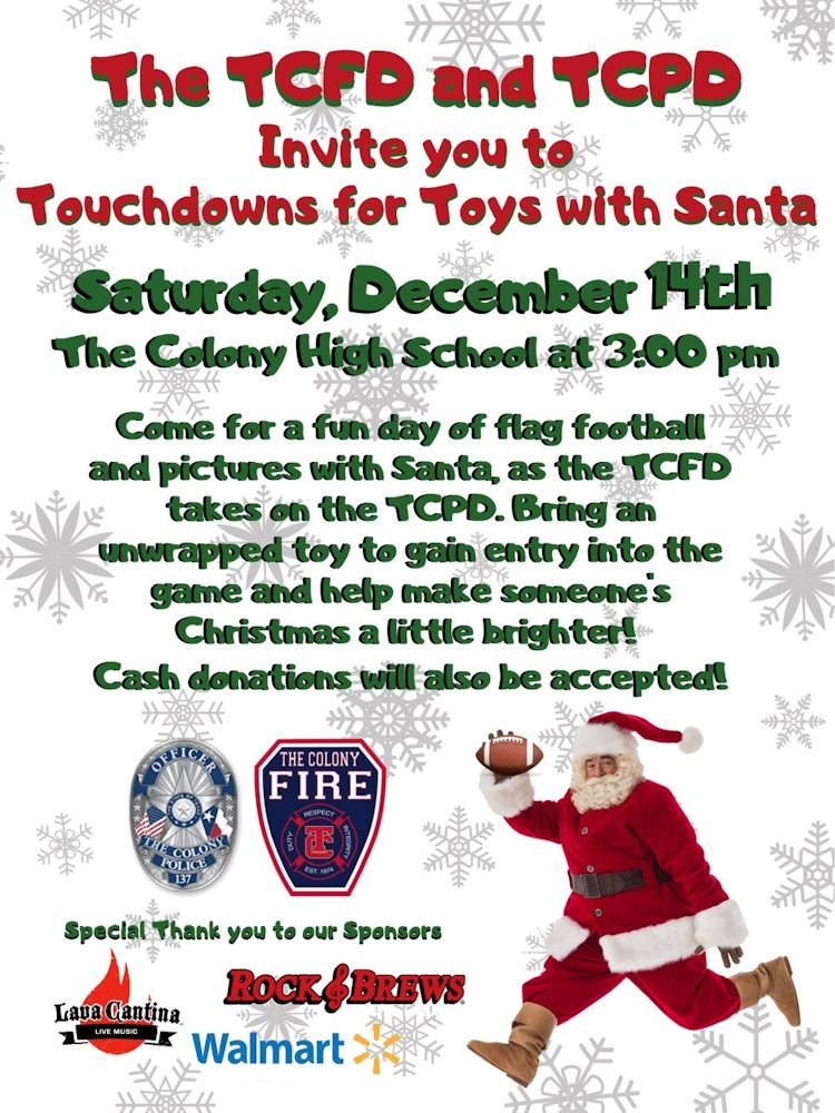 TheColonyTexas's tweet photo. Come watch The Colony Fire & @TheColonyPolice face-off on the gridiron for a worthy cause! There'll be pictures w/Santa & great giveaways from sponsors. Bring an unwrapped toy for entry into the game & help make someone's Christmas a little brighter! Cash donations also accepted. https://t.co/s8mg3jItdp