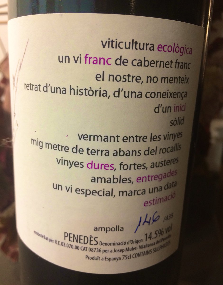 xavimaja's tweet photo. Un privilegi poder gaudir d’aquesta 146a ampolla d’un cabernet franc perfectament elaborat de @MuletViticultor. Explica un relat en nas que en boca pren tot el sentit. Ample i rodó. Molt bon vi. @dopenedes #vinsecològics #vicatalà https://t.co/YJKA9kGW2n