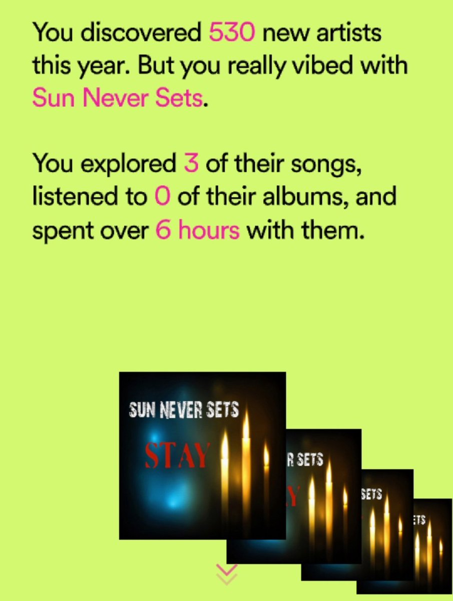 <a href="/SunNvrSetsmusic/">Sun Never Sets</a> Only 3 songs released and I spent over 6 hours listening to them?? Dang. Cant wait til you guys release a full album. #sunneversets #spotifywrapped