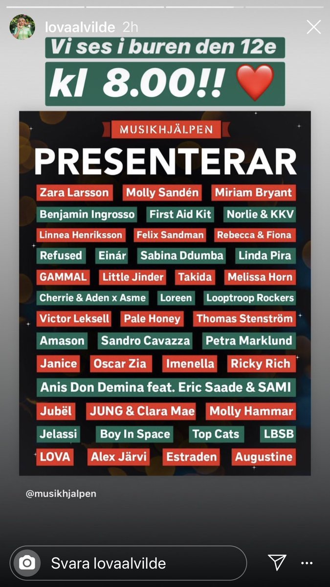 LASonnerbo's tweet photo. Du ser och hör LOVA @lovaalvilde i @musikhjalpen  torsdag 12/12 kl 0800. Om du vill ha en akustisk spelning med henne hemma hos dig gå in på Tradera och kolla hennes auktion. Pengarna går till musikhjälpen🎤🎼🍀 https://t.co/dJZ0HsMZlB