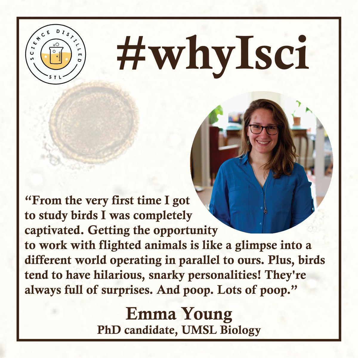 Science Distilled STL (@scidistilledstl) on Twitter photo Our founder and <a href="/umsl/">University of Missouri–St. Louis</a> PhD candidate @emyoung90 will be our first speaker Monday evening @ 7pm at <a href="/urbanchestnut/">UrbanChestnutBrewing</a>! Her talk is titled "When does the bird get the germ? Demystifying malaria in tropical birds."
How did she come to research birds? See her #whyIsci below! Our founder and <a href="/umsl/">University of Missouri–St. Louis</a> PhD candidate @emyoung90 will be our first speaker Monday evening @ 7pm at <a href="/urbanchestnut/">UrbanChestnutBrewing</a>! Her talk is titled "When does the bird get the germ? Demystifying malaria in tropical birds."
How did she come to research birds? See her #whyIsci below!
