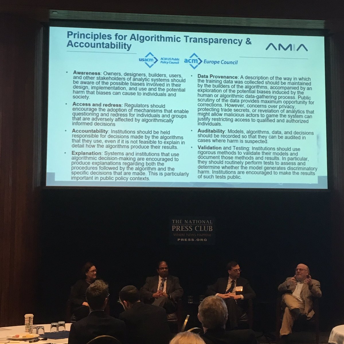 acmpolicy's tweet photo. US Technology Policy Committee Chair Jim Hendler now presenting the Committee’s AI Principles on “Good Machine Learning Practices” panel @AMIAinformatics annual Policy Forum at Washington’s National Press Club. #APF19 @acmpolicy https://t.co/CiYj77yAld