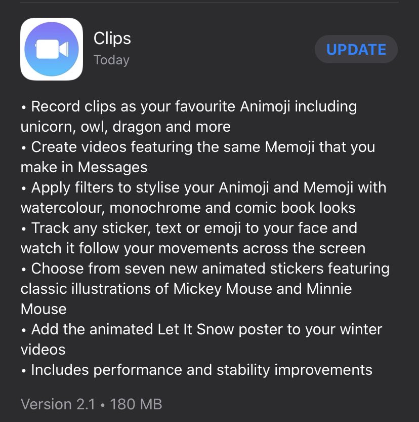 JacobWoolcock's tweet photo. Exciting update to #Clips tonight including the ability to use Memoji in your videos, have emoji and stickers fixed onto parts of your video (so an emoji could follow your face for example) & a lovely winter themed poster too. Great stuff Clips team! #AppleEDUchat #MadeWithClips https://t.co/X1JaTaPxBI