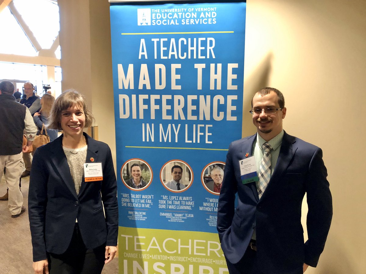 uvmcess's tweet photo. Arrived! 2020 #VTTOY @BibbaKahn and 2019 @2019VTTOY Tom Payeur! #vtotd #vted #uvmcess @VTEducation @uvmvermont #uvmteachersinspire https://t.co/FM5Q7rccaK
