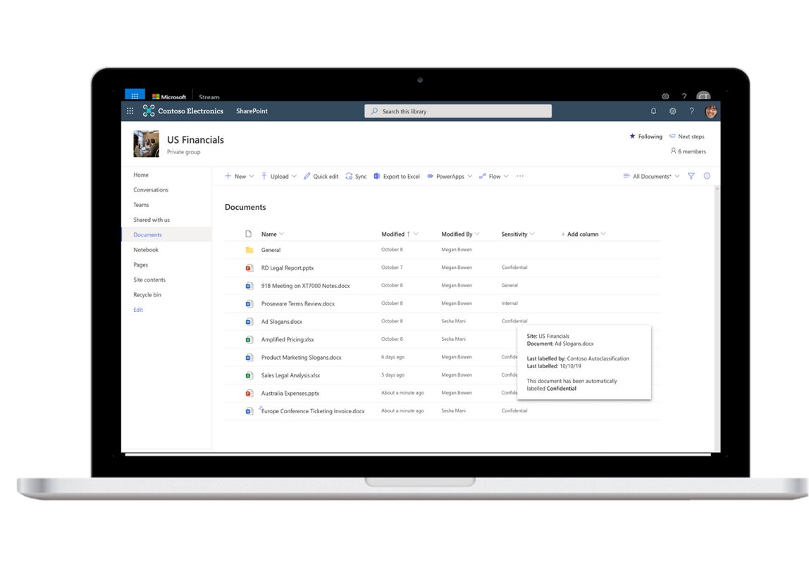 SharePoint's tweet image. Available for private preview, #SharePoint auto classification with sensitivity labels. msft.social/2Lb7cX
