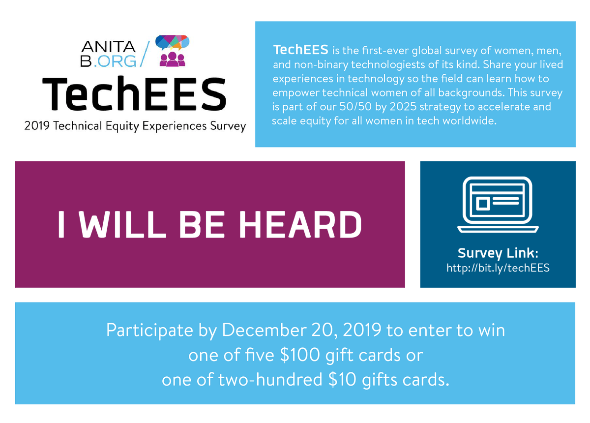 CommunityAnitaB's tweet photo. Take the Technical Equity Experience Survey (#TechEES) by 12/20! Not only will you help #AnitaB track progress toward #5050by2025 but you'll have an opportunity at the end of the survey to enter a raffle for 1 of 5 $100 gift cards or 1 of 200 $10 ones! https://t.co/M4BSkWUcdZ https://t.co/2BLDu4h4xq