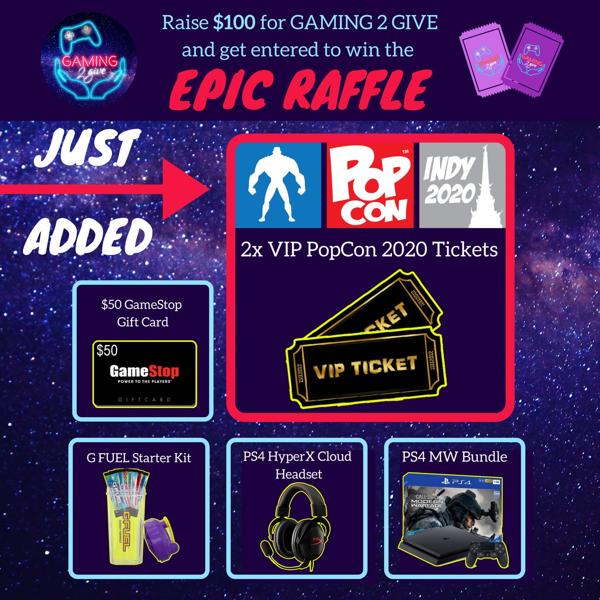 Gaming_2_Give's tweet photo. JUST ADDED‼️ 🆕2x VIP PopCon 2020 Tickets to the Epic Raffle Prize Bundle! 🎉

Playing with a group? 👥 Battle it out against other groups for the chance to win $300 worth of GameStop Gift Cards! 😱

#gaming #streamer #gamingmarathon #gamingnews https://t.co/j7Ncg9qEmV