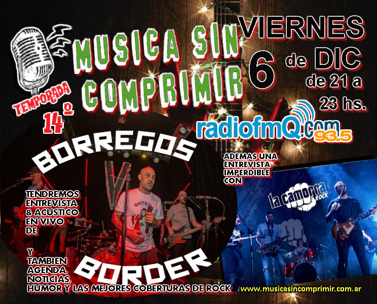 MSComprimir's tweet photo. #Mañana hay #MúsicaSinComprimir por el aire de 🎙 @radiofmq 93.5 Mhz 📻 De 21 a 23 hs nos visitan los amigos de #BorregosBorder acústico + entrevista con @lacamorrarock y cobertura de lo que fue el #MSCFest en @clubtucuman. Una noche a puro Rock https://t.co/MhubmviNVy