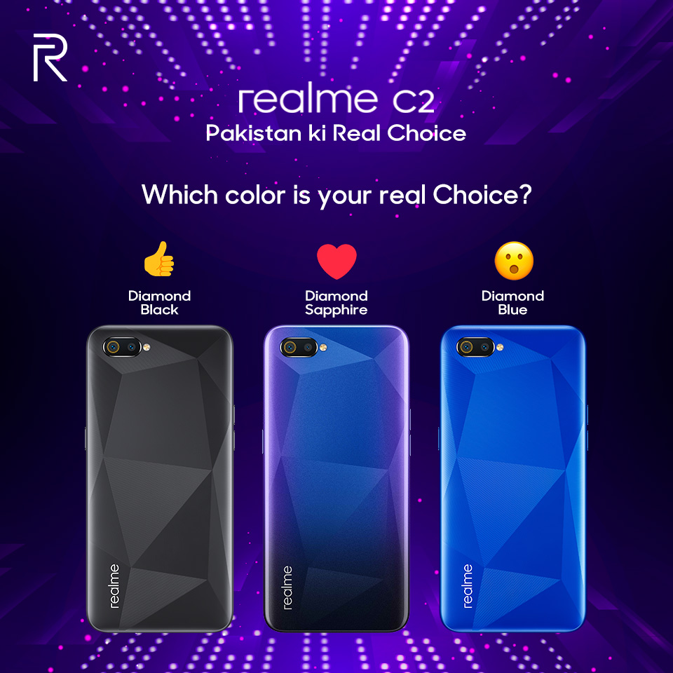 pakistan_realme's tweet photo. Hey real fans! Lets color POLL.. Which one of the #realmeC2 colors is your real choice? #DiamondBlack or #DiamondSapphire or #DiamondBlue? Drop the emoji  or write the name accordingly to let us know your choice. #realme #DareToLeap https://t.co/5moh0zJzn7