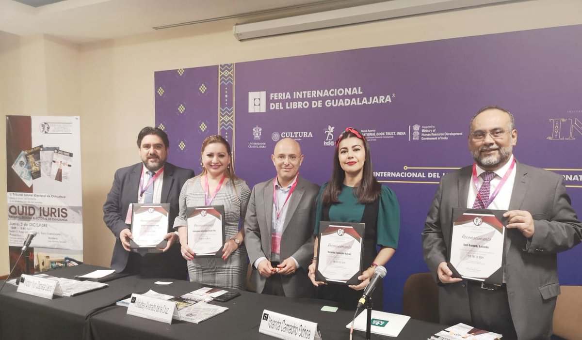 En el marco de la <a href="/FILGuadalajara/">FIL Guadalajara</a>, la Magistrada <a href="/yolidabeyac/">Yolidabey Alvarado</a> participa en la presentación de las revistas <a href="/Quid_Iuris/">Quid Iuris</a> del <a href="/TEE_Chihuahua/">TEEChihuahua</a>, acompañada de <a href="/victoryuri_zl/">Victor Yuri Zapata</a>, Magistrado del #TEECH; <a href="/YolaCamachoa/">Yolanda Camacho Ochoa</a>, Magistrada Presidenta <a href="/teemichmx/">Tribunal Electoral del Estado. Michoacán.</a>; modera <a href="/JoseRamSal/">José Ramírez Salcedo</a>, Magistrado #TEECH